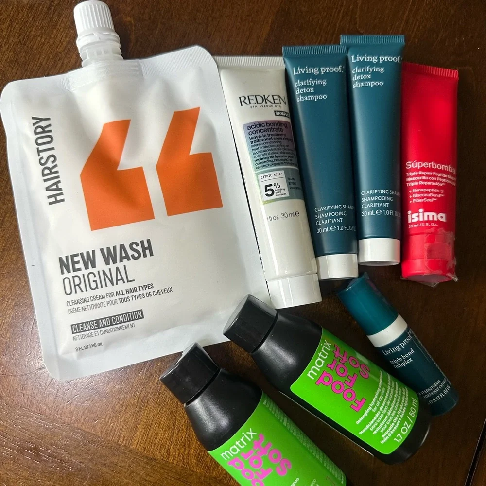 Living Proof clarifying detox shampoo teal and multiple hair care samples
